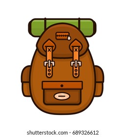Vintage hipster camping backpack.Vector modern line outline flat style cartoon illustration icon. Isolated on white background. Travel, adventure concept