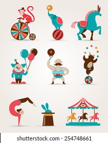 vintage hipster circus collection with carnival, fun fair, vector icons and background and illustration