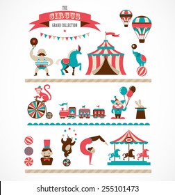 Vintage Hipster Circus Collection With Carnival, Fun Fair, Vector Icons And Background And Illustration