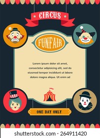 vintage hipster circus poster, background with carnival, fun fair, and vector icons 