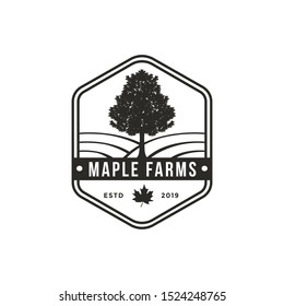 vintage hipster emblem maple tree and farms logo icon vector template on white background