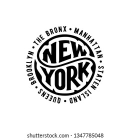 Vintage hipster frame with lettering 'New York, Brooklyn, Manhattan, Queens, Bronx, Staten Island' for your poster, badge, t-shirt apparel print. Handwritten circular calligraphy lettering.