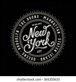 Vintage hipster frame with lettering 'New York City, Brooklyn, Manhattan, Queens, Bronx, Staten Island' for your poster, badge, t-shirt apparel print. Vector Illustration.