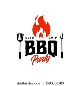 Vintage hipster Grill Barbeque barbecue bbq with crossed fork spatula and fire flame Logo design