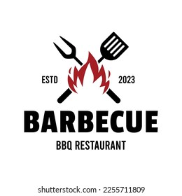 Vintage hipster Grill Barbeque barbecue bbq with fork spatula and fire flame Logo design