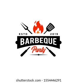 Vintage hipster Grill Barbeque invitation party barbecue bbq with crossed fork spatula and fire flame Logo design