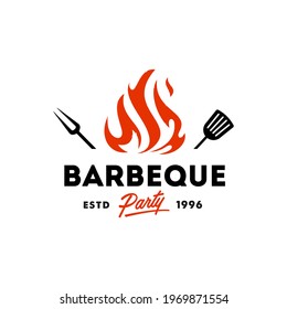 Vintage hipster Grill Barbeque invitation party barbecue bbq with crossed fork spatula and fire flame Logo design