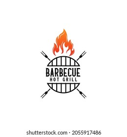 Vintage hipster Grill Barbeque invitation party barbecue bbq with crossed fork spatula and fire flame Logo design