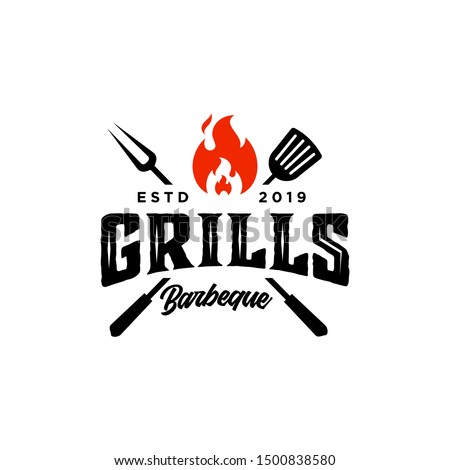 Vintage hipster Grill Barbeque invitation party barbecue bbq with crossed fork spatula and fire flame Logo design