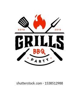 Vintage hipster Grill Barbeque party invitation barbecue bbq with crossed fork spatula and fire flame icon Logo badge design