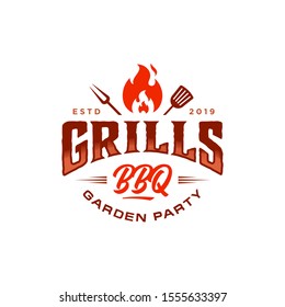 Vintage hipster Grill Barbeque party invitation barbecue bbq with crossed fork spatula and fire flame icon Logo badge design