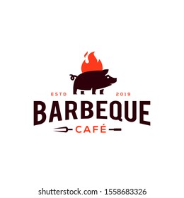 Vintage hipster Grill Barbeque pig pork icon on fire flame invitation party barbecue bbq with fork Logo design