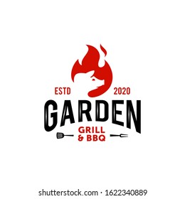 Vintage hipster Grill Barbeque pig pork invitation party barbecue bbq with crossed fork spatula and fire flame Logo design