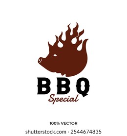 Antiguas hipster Grill Barbacoa cerdo cerdo en fuego llama logo diseño Ilustración vectorial