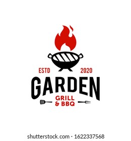 Vintage hipster Grill kettle Barbeque invitation party barbecue bbq with crossed fork spatula and fire flame Logo design