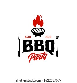 Vintage hipster Grill kettle Barbeque invitation party barbecue bbq with crossed fork spatula and fire flame Logo design