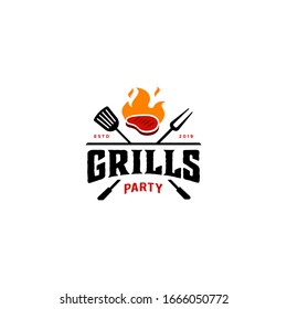 Vintage hipster Grilled meat Barbeque invitation party barbecue bbq with crossed fork spatula and fire flame Logo design