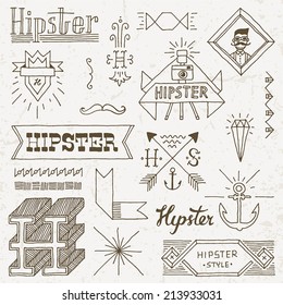 Vintage hipster hand drawn design elements set 9. Vector illustration.