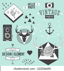 Vintage hipster hand drawn design elements set with deer and photo camera. Vector illustration.