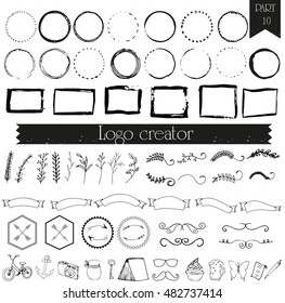 Vintage, hipster hand drawn logo with arrows, ribbons, laurels, badges. All elements isolated on background and easy to use. Vector creator series.