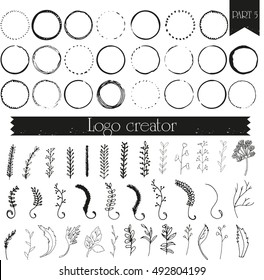 Vintage, hipster hand drawn logo with arrows, ribbons, laurels, badges. All elements isolated on background and easy to use. Vector creator series.
