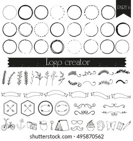 Vintage, hipster hand drawn logo with circles, ribbons, laurels, badges. All elements isolated on background and easy to use. Vector creator series.