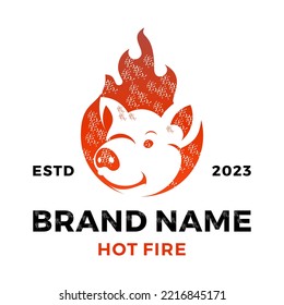 Vintage hipster hot pig in flame vector icon illustration