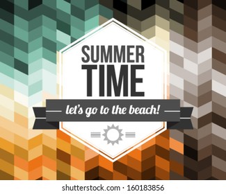 Vintage hipster label with positive life quote on retro background with seamless geometric patterns.