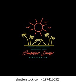 Vintage Hipster Line art summer beach camping recreation logo design