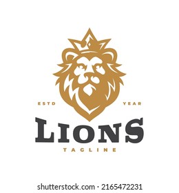 Vintage hipster lion king emblem logo design. Lion head with crown silhouette vector icon