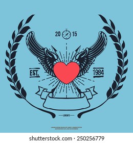 Vintage Hipster Logo Angel Heart with Crossed Arrows Vector illustration
