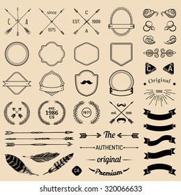 Vintage hipster logo elements with arrows, ribbons, feathers, laurels, badges. Design your own vintage label. Retro emblem template constructor. Prime icon creator.