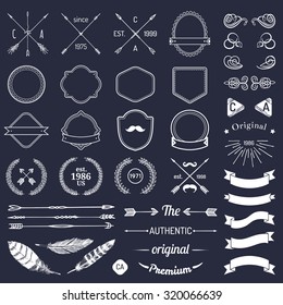 Vintage hipster logo elements with arrows, ribbons, feathers, laurels, badges. Design your own vintage label. Retro emblem template constructor. Prime icon creator.