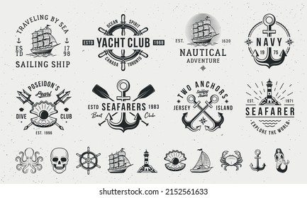 Vintage hipster logo templates and 10 design elements for Nautical emblems. Nautical, Sea, Marine emblems templates. Octopus, Sea Ship, Anchor, Crab icons.Vector illustration