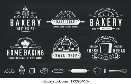 Vintage hipster logo templates and 13 design elements for Bakery business. Bakery, Cafe, Cooking Class and Restaurant emblems templates. Croissant, Chef, Cupcake, Bread icons.Vector illustration