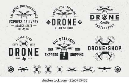 Vintage hipster logo templates and 6 design elements for drone business. Drone, UAV emblems templates. Drone silhouettes. Vector illustration