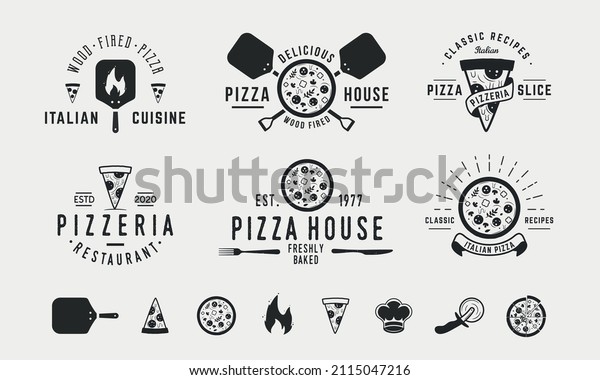 Vintage\
hipster logo templates and 8 design elements for pizzeria and\
bakery. Pizza, Bakery and Restaurant emblems templates. Pizza,\
Chef, Oven, fire icons.Vector\
illustration