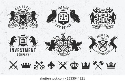 Antiguas hipster logo Plantillas y 9 Elementos de diseño para emblemas de negocios. Etiqueta, insignia, emblema para el escudo de armas. Logotipo de lujo, escudo.  Espada, Corona, Llaves icons.Ilustración vectorial