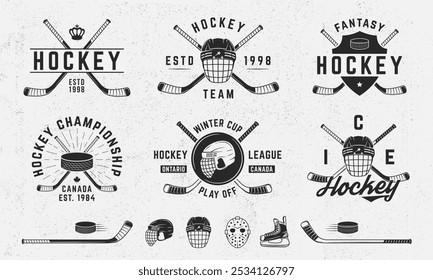 Vintage Hipster Logovorlagen und 9 Designelemente für Eishockey Embleme. Label, Badge, Emblem für Eishockey. Hockeyhelm, Puck, Cues-Symbole.Vektorgrafik