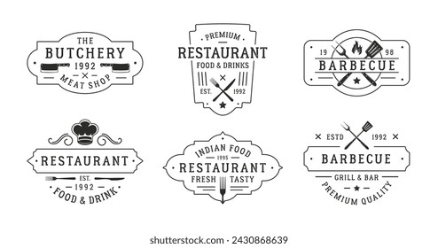 Vintage hipster logo templates for restaurant business. Butchery, Barbecue and Restaurant emblems templates. Fork, knife, Chef hat, cooking icons.Vector illustration