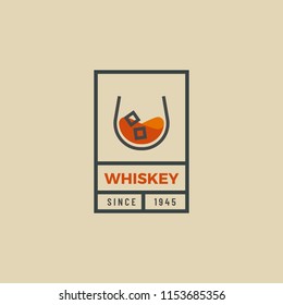 Vintage hipster logo of whiskey glass. Whiskey glass logo design. Vector outline logo of whiskey glass. Beverage design template for restaurants, bars, pubs and companies.