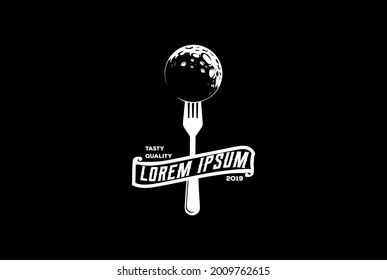 Vintage Hipster Moon Planet with Fork and Ribbon for Cafe Restaurant Logo Design Vector