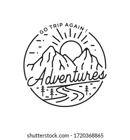 vintage hipster Mountain and river for adventure monoline badge logo design 