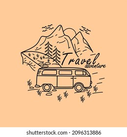 vintage hipster Mountain and river for adventure monoline badge logo design