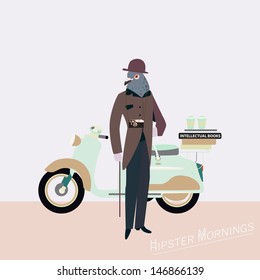 Vintage hipster near scooter  - trendy illustration