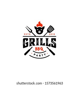 Vintage hipster Pork Pig Grill Barbeque barbecue bbq with crossed fork spatula and fire flame Logo design