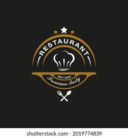 Vintage Hipster Retro Logo Style for Restaurant Logo Design. With gold chef head cap, spoon, and fork icon. Premium and Luxury logo