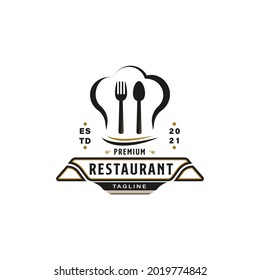 Vintage Hipster Retro Logo Style for Restaurant Logo Design. With gold chef head cap, spoon, and fork icon. Premium and Luxury logo