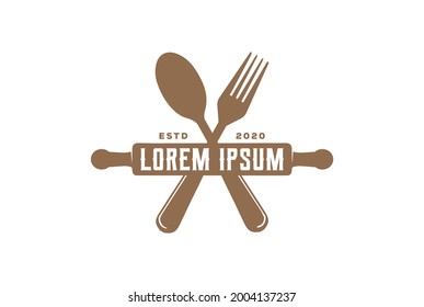Vintage Hipster Rolling Pin with Spoon Fork for Cafe Bakery Restaurant Logo Design Vector