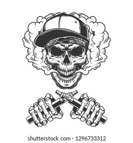 Vintage hipster skull in smoke cloud with crossed skeleton hands holding electronic cigarettes isolated vector illustration